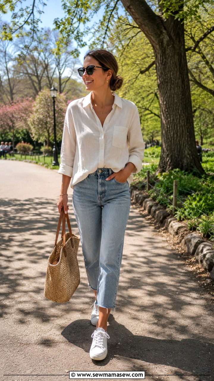 Linen Shirt with Cropped Jeans and Sneakers - 20 Summer outfits for 50 degree weather