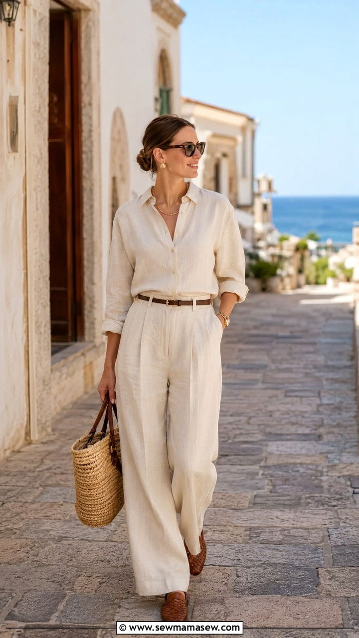 Linen Shirt with Wide Leg Linen Pants and Skinny Belt - 20 spring outfits with skinny belt