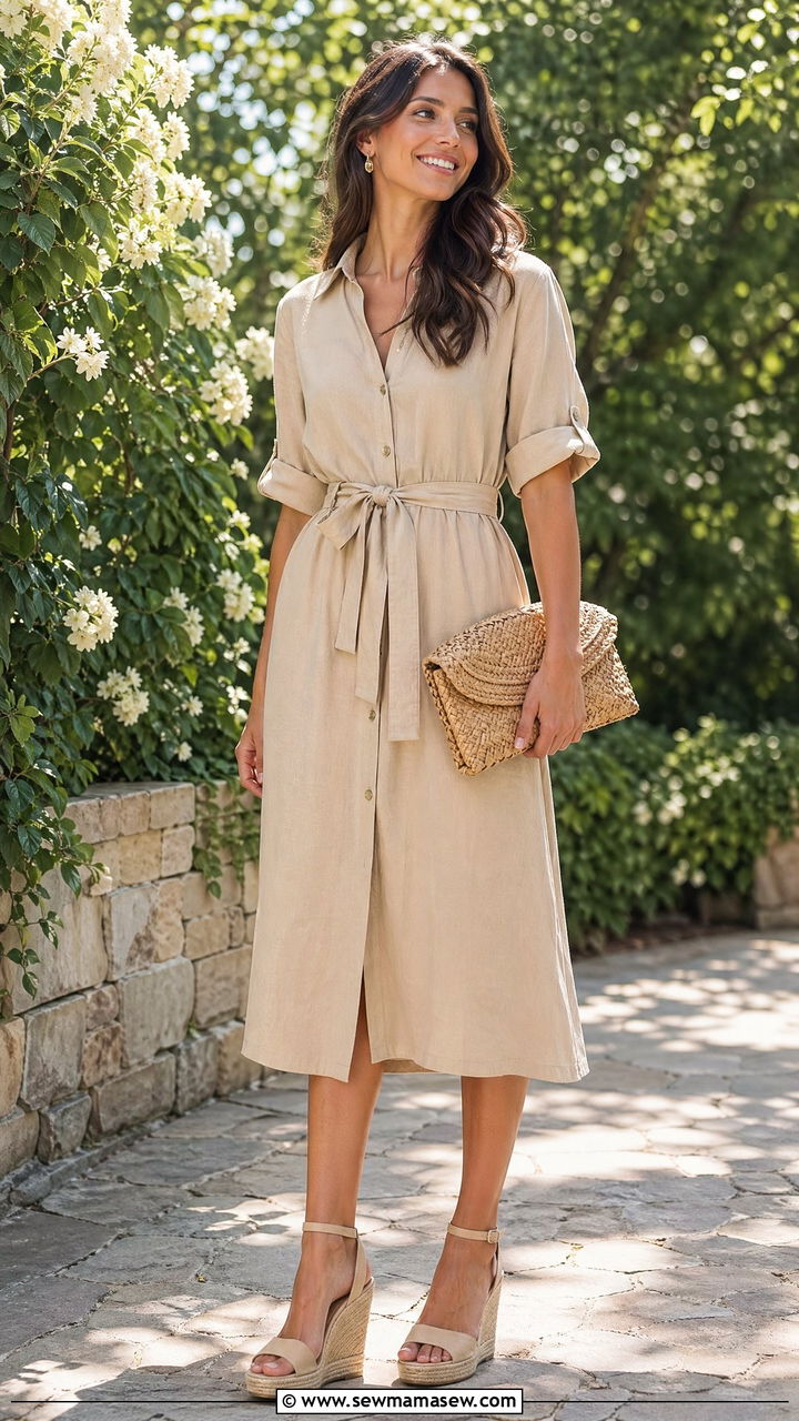 Linen Shirtdress With Espadrille Wedges And Straw Clutch - 35 Dressy casual wedding guest outfit ideas