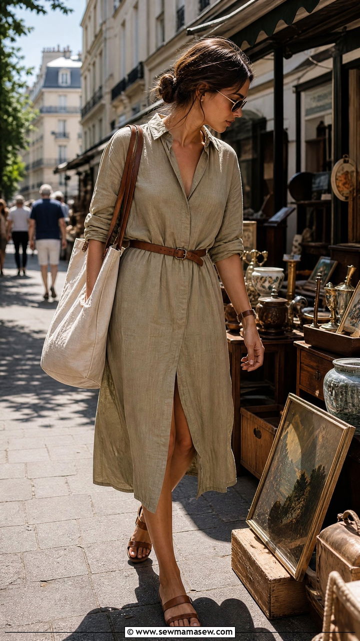 Linen Shirtdress With Leather Belt And Flat Sandals - 30 summer paris trip outfit ideas