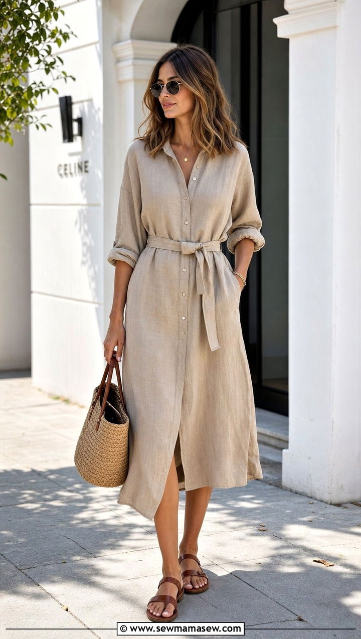 Linen Shirtdress and Flat Leather Sandals - 25 Summer outfits for dry heat