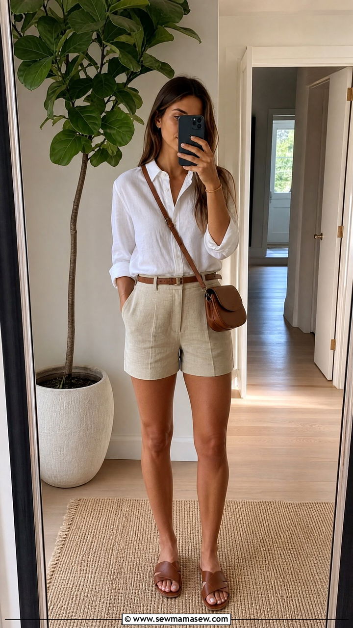 Linen Shorts And White Button Down Shirt Outfit - 30 Summer capsule wardrobe minimalist