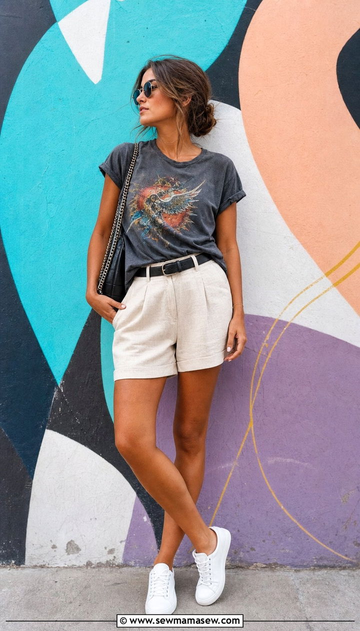 Linen Shorts with Graphic Tee Outfit - 25 summer linen shorts outfit ideas