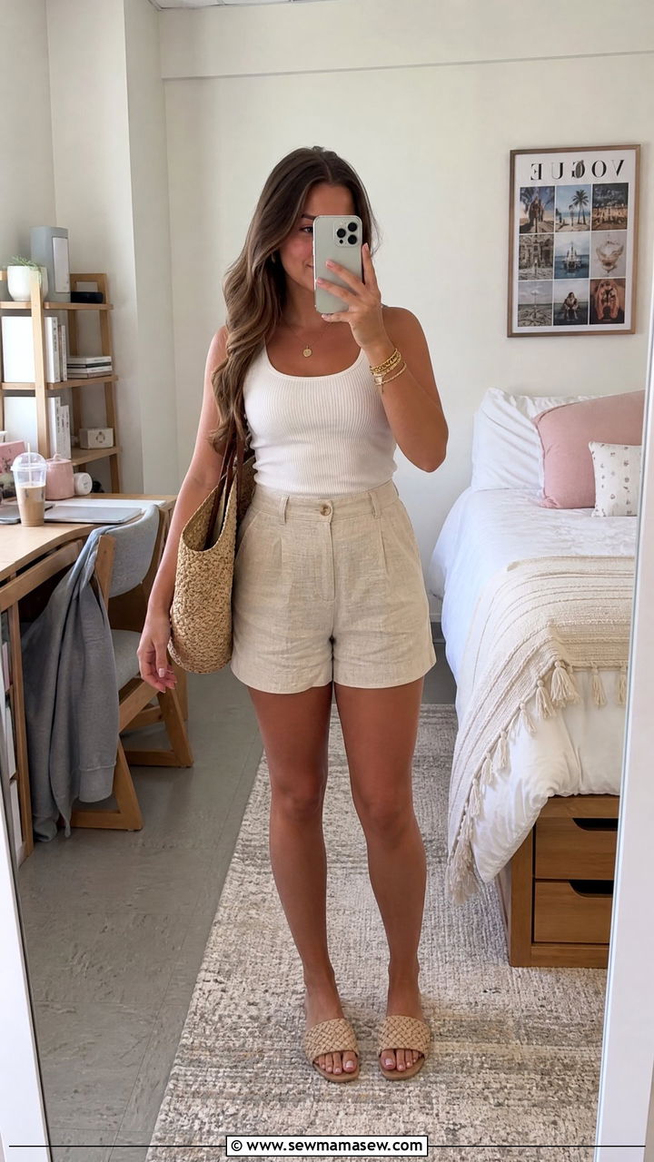 Linen Shorts with Ribbed Tank and Slide Sandals - 30 summer school outfit ideas