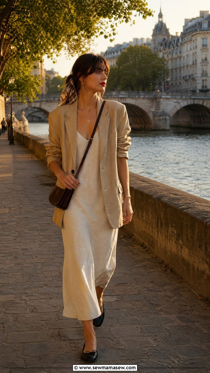 Linen Slip Dress With Blazer And Ballet Flats - 35 European summer outfits inspo