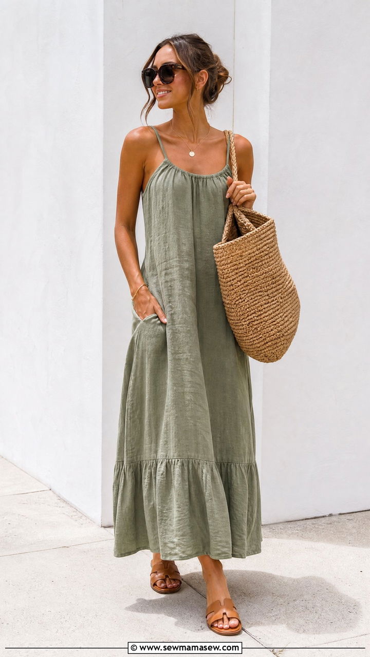 Linen Sundress With Flat Sandals - 25 Brunch outfit ideas with a sundress