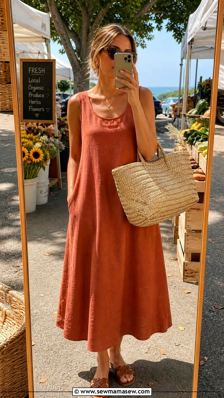 Linen Sundress With Woven Tote and Slides Coastal Outfit - 40 summer coastal outfit ideas