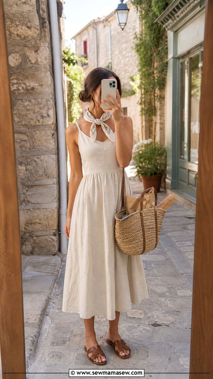 Linen Sundress and Woven Basket Bag - 40 summer cottagecore outfits