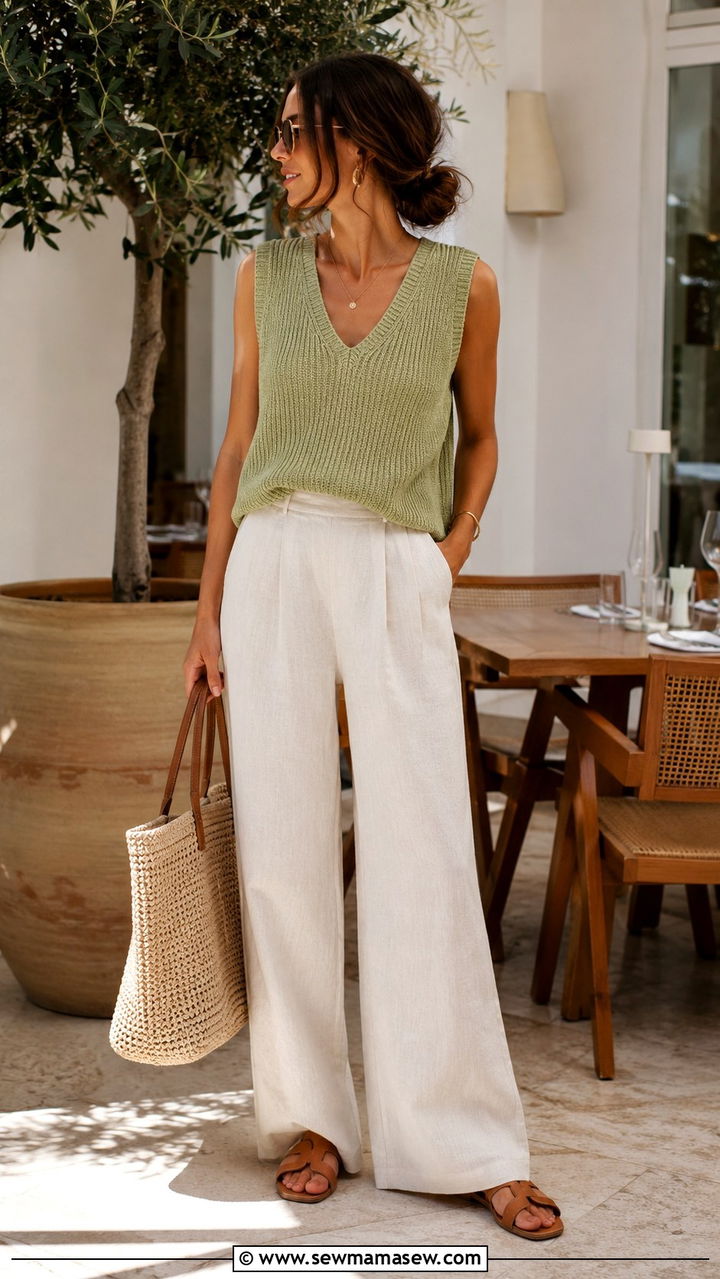 Linen Trousers Outfit with Knit Vest Top and Flat Sandals - 30 spring pinterest outfit ideas