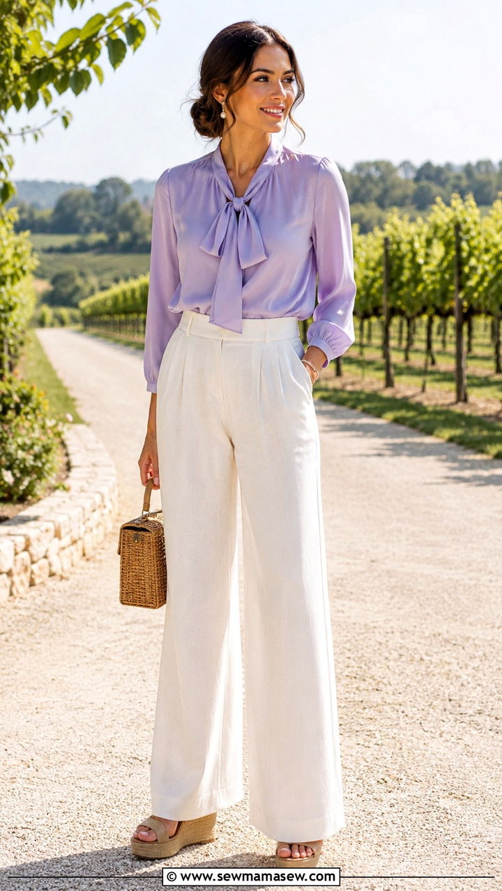 Linen Trousers With A Pastel Blouse - 30 Vineyard wedding guest outfit ideas