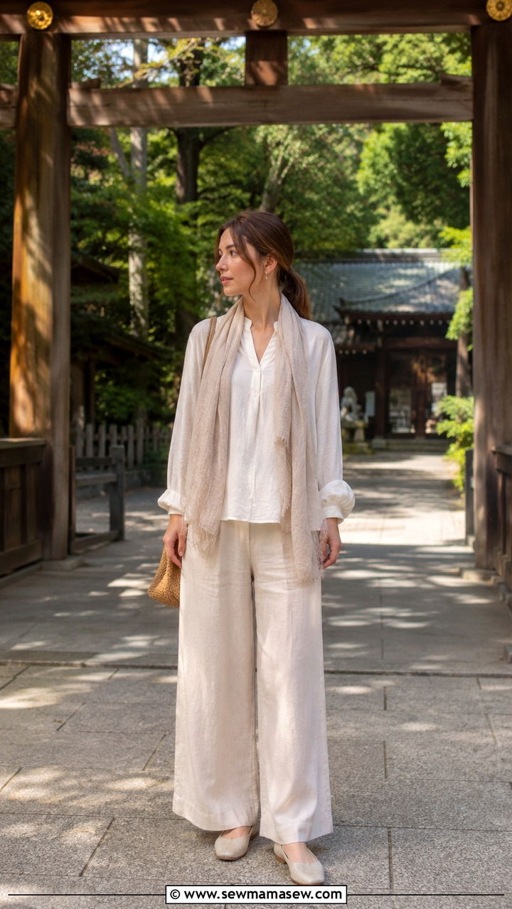 Linen Trousers With Blouse And Closed Toe Flats - 30 Tokyo vacation outfit ideas