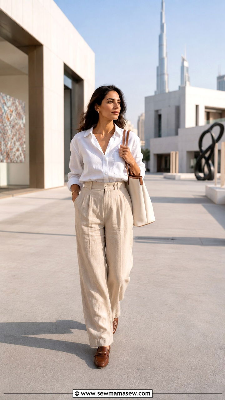 Linen Trousers With Button Down Shirt Dubai Day Outfit - 20 Modest outfit ideas for Dubai