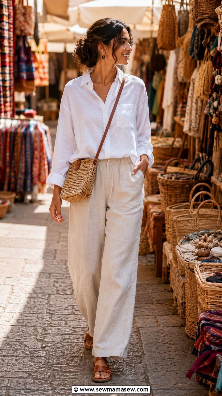 Linen Trousers With Cotton Blouse And Woven Crossbody Bag - 30 Modest travel outfit ideas
