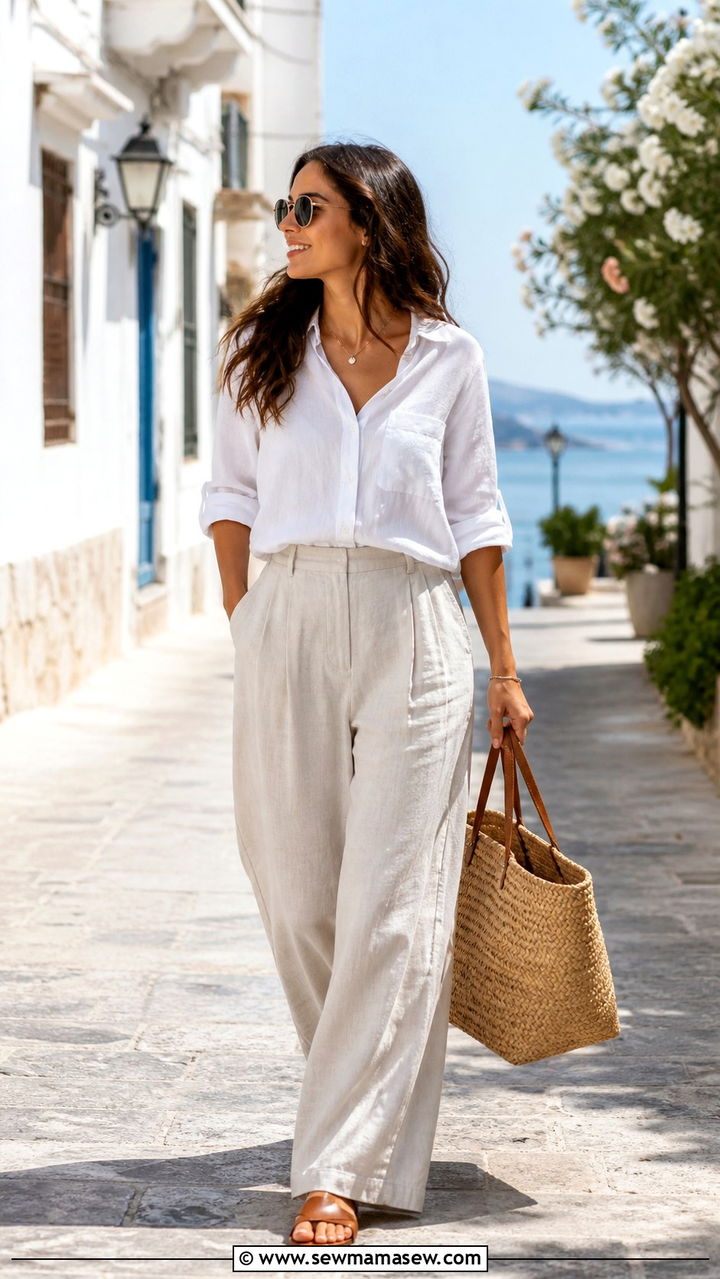 Linen Trousers With Cotton Blouse - 20 45 year old woman outfit ideas