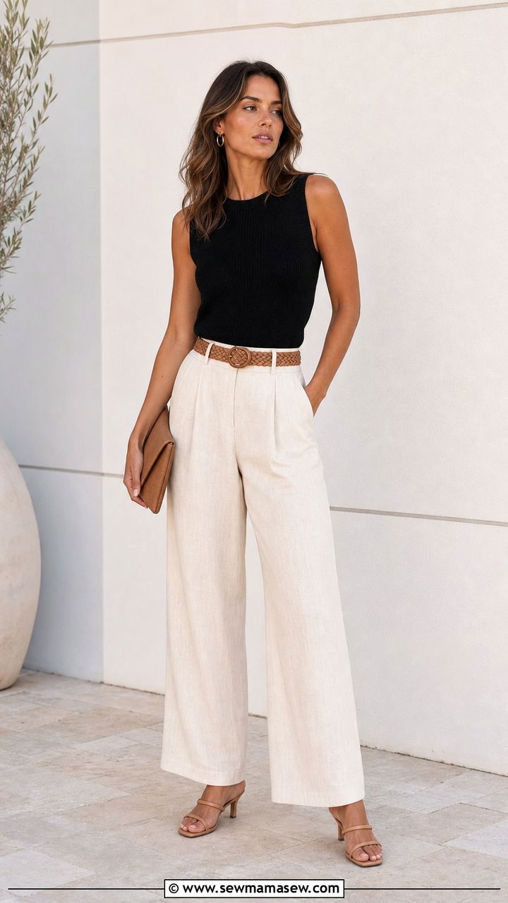 Linen Trousers With Kitten Heel Sandals Outfit - 25 summer outfits with kitten heels