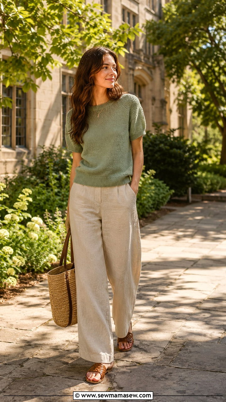 Linen Trousers With Short Sleeve Sweater Outfit - 25 PhD student outfit ideas
