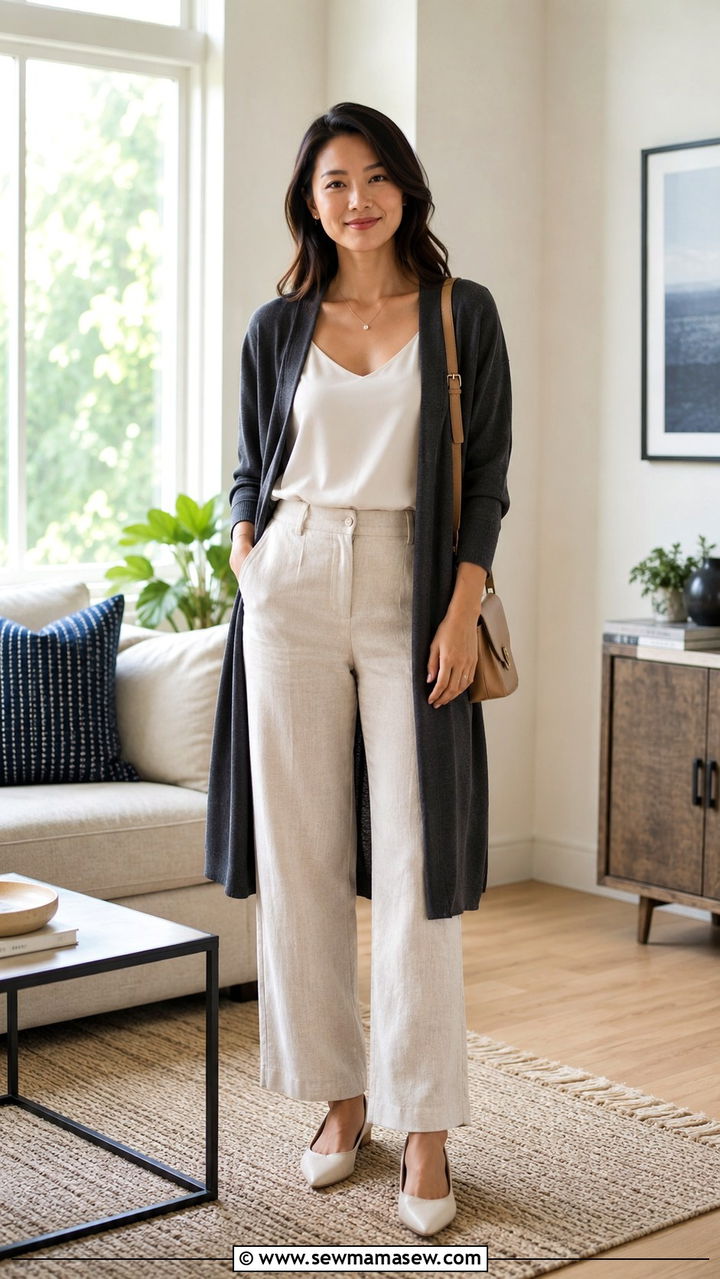 Linen Trousers With Silk Camisole And Open Cardigan - 30 Petite work outfit ideas summer
