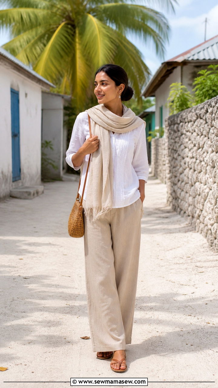 Linen Trousers With Sleeved Blouse For Local Islands - 40 Maldives outfit ideas