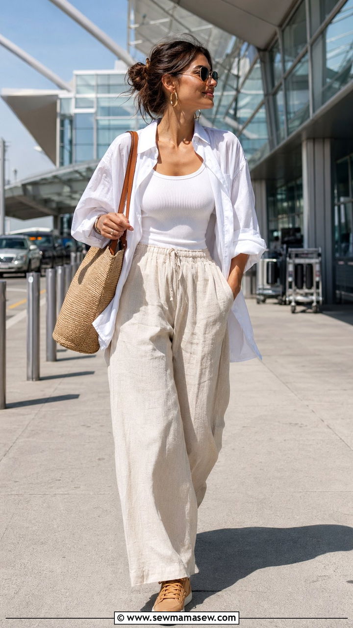 Linen Trousers With Tank Top And Oversized Shirt - 35 Airport outfit ideas with sneakers
