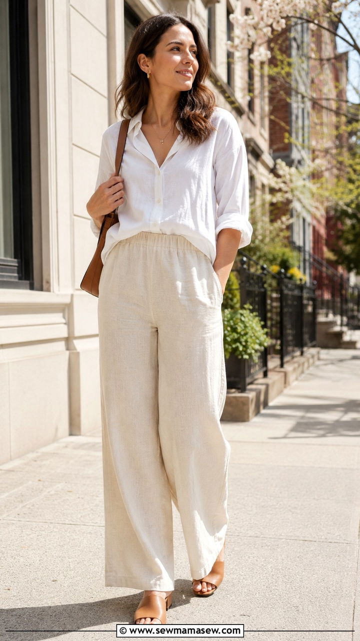 Linen Trousers and Relaxed Blouse Outfit - 30 spring outfits for postpartum women