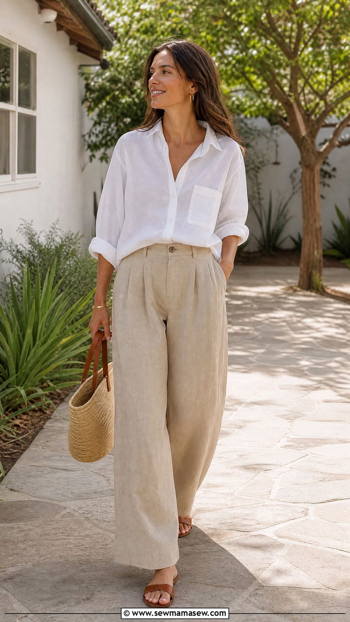 Linen Trousers with Button Down Shirt - 35 Housewarming party outfits