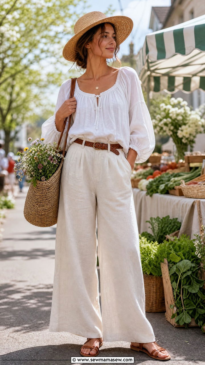Linen Trousers with Peasant Blouse and Straw Hat - 30 Cottagecore spring outfits