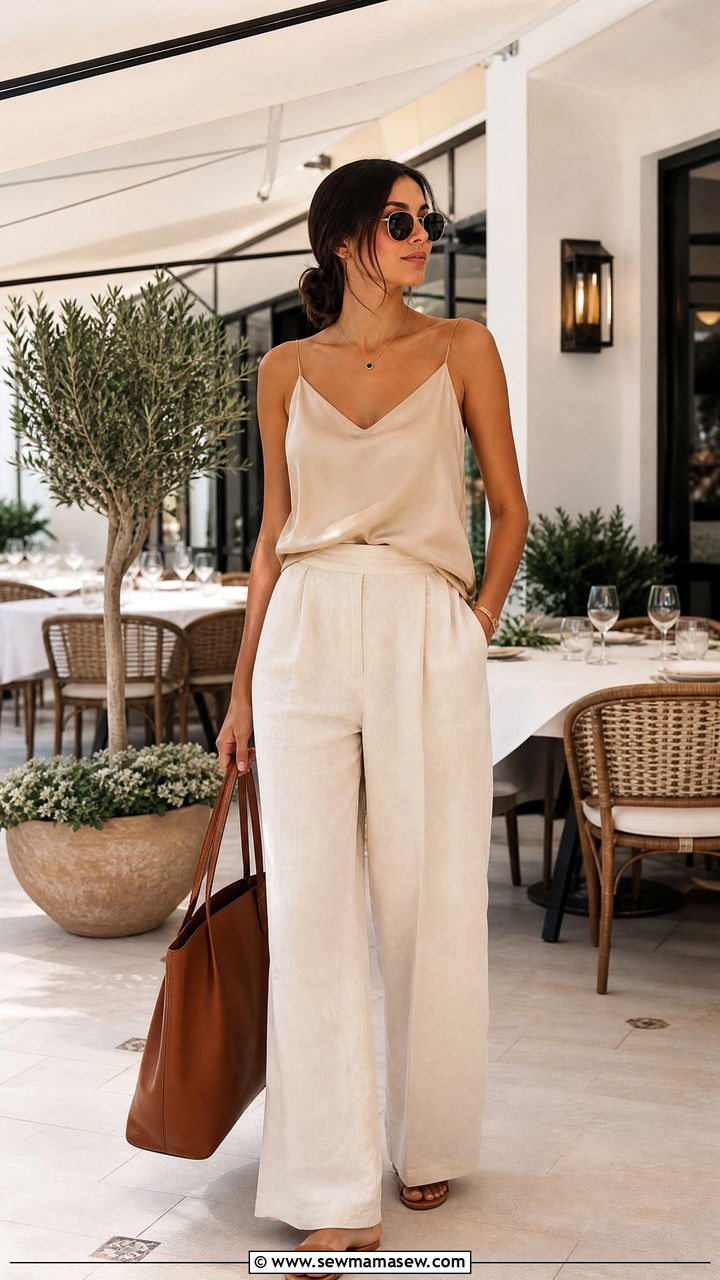 Linen Trousers with a Silk Cami and Flat Sandals - 25 Brunch outfit ideas with sandals