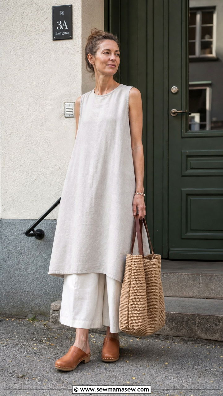 Linen Tunic Top With Cropped Wide Leg Pants - 40 summer scandinavian outfits