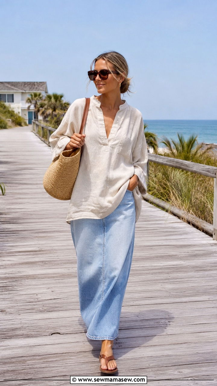 Linen Tunic With Long Denim Skirt And Leather Flip Flops - 30 Long denim skirt outfit ideas summer