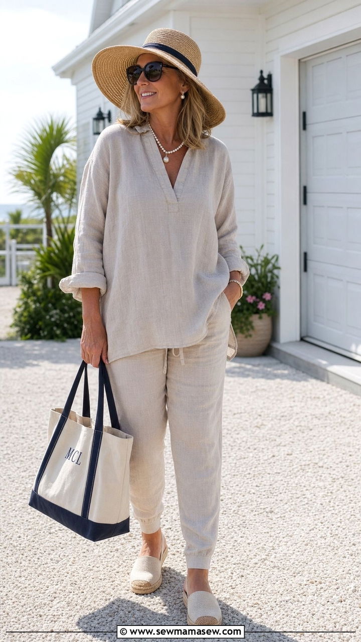 Linen Tunic With Relaxed Leggings - 25 coastal grandmother outfits inspo