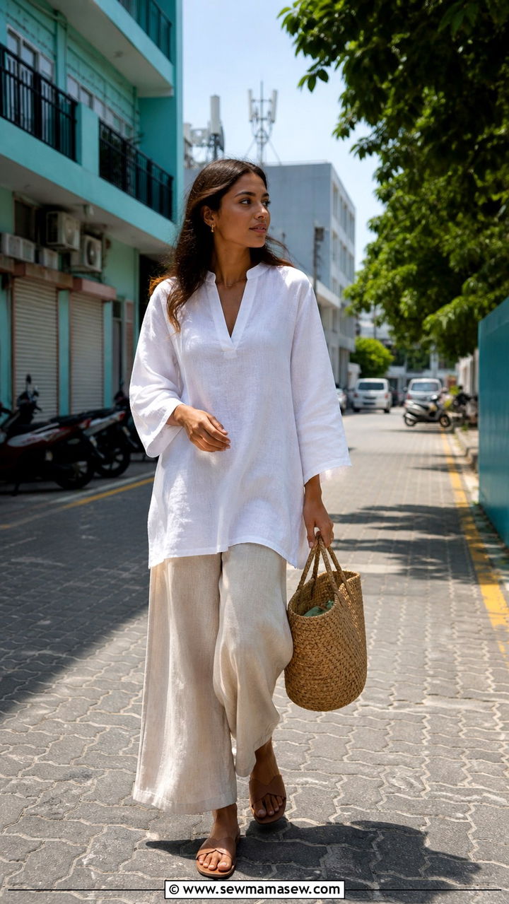 Linen Tunic With Wide Leg Lounge Pants - 40 What to wear in Maldives