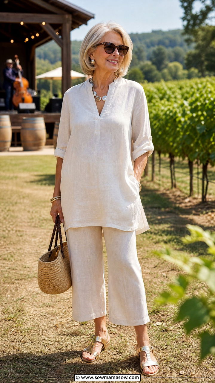 Linen Tunic and Cropped Wide Leg Pants with Metallic Sandals - 30 Concert outfits for women over 60