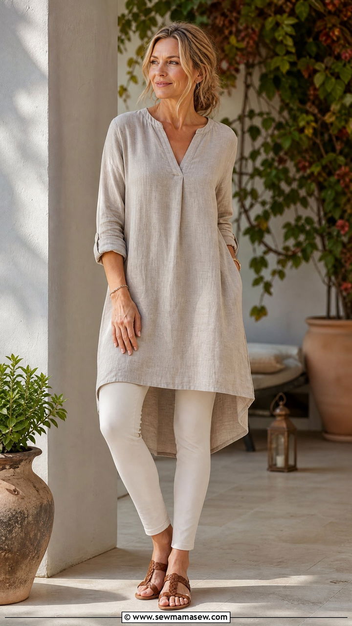 Linen Tunic with Leggings Outfit - 35 Loungewear outfit ideas for women over 40