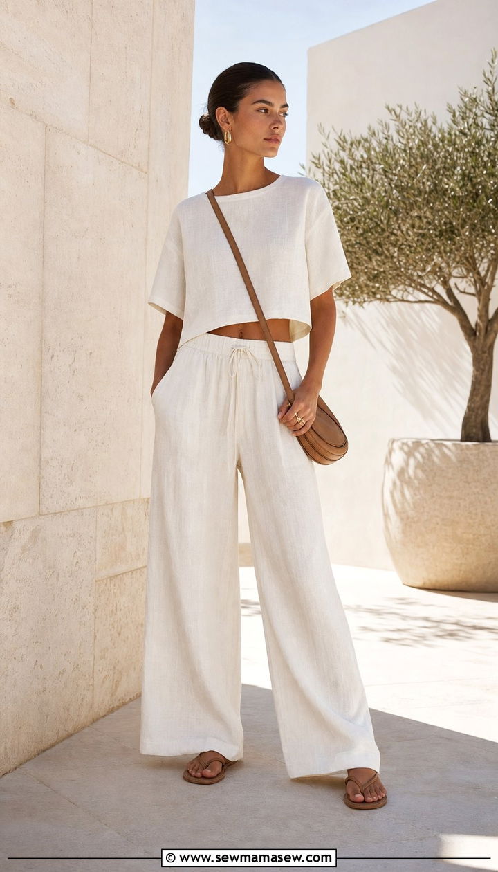 Linen Two Piece Set With Flat Sandals Outfit - 25 Summer outfits for dry heat