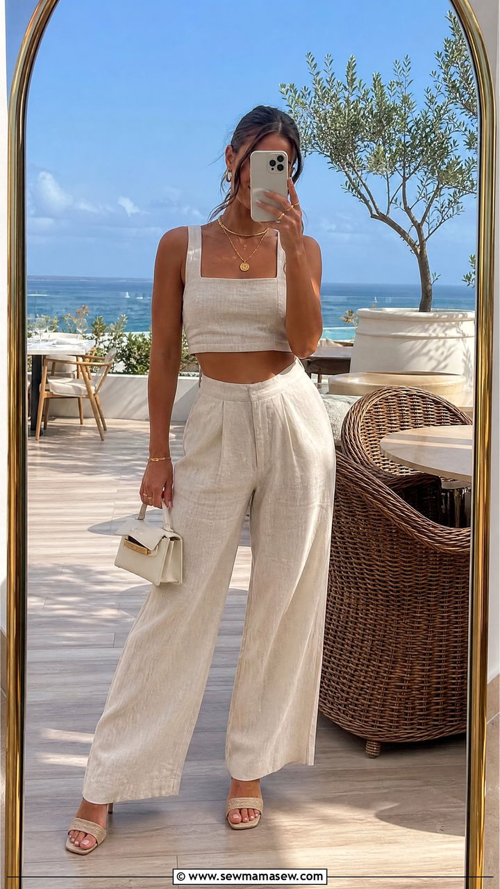 Linen Two Piece Set With Heeled Mules - 30 Bottomless brunch outfit ideas