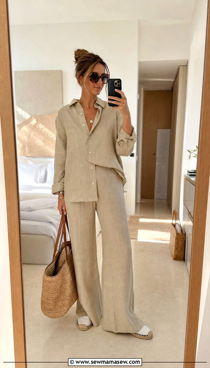 Linen Two Piece Set With Oversized Sunglasses - 25 summer outfits with oversize sunglasses