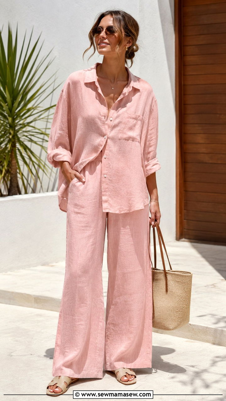Linen Two Piece Set With Slides Outfit - 25 Modest outfit ideas for summer heat hot weather