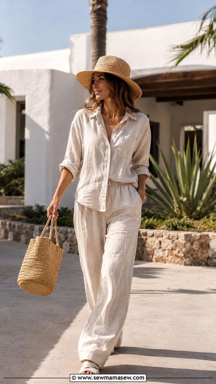 Linen Two Piece Set in Oatmeal with Straw Accessories - 30 Spring outfits in neutral