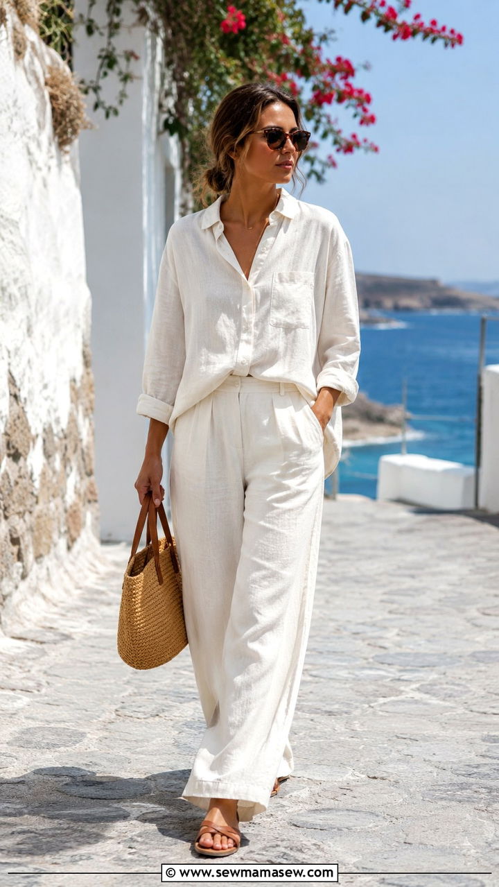 Linen Two Piece Set with Flat Sandals - 25 Rich aunt outfit ideas