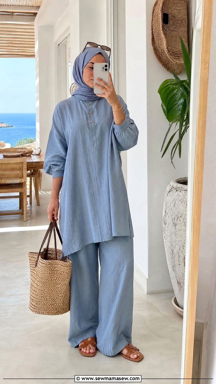 Linen Two Piece Set with Neutral Hijab and Flat Sandals - 25 casual outfits for hijab women