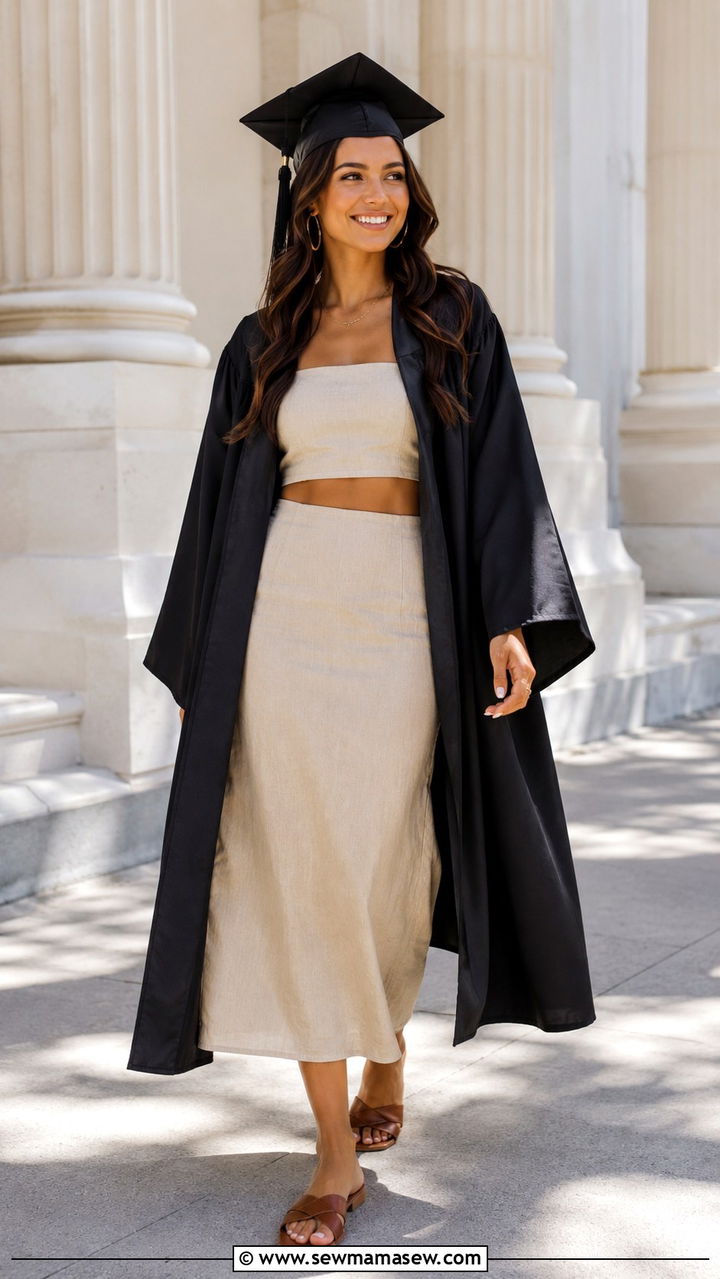 Linen Two Piece Set with Slide Sandals - 30 Graduation cap and gown outfit ideas