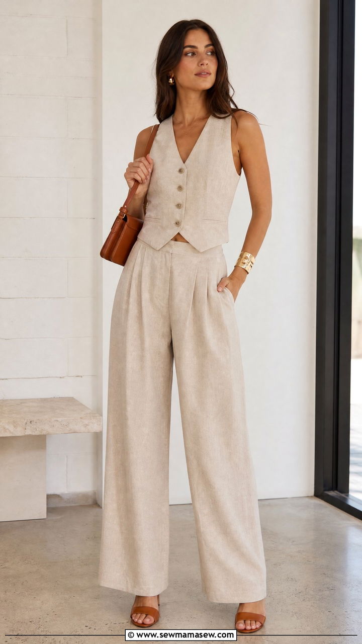 Linen Vest And High Waist Wide Leg Trousers Outfit - 30 summer wardrobe essentials outfits