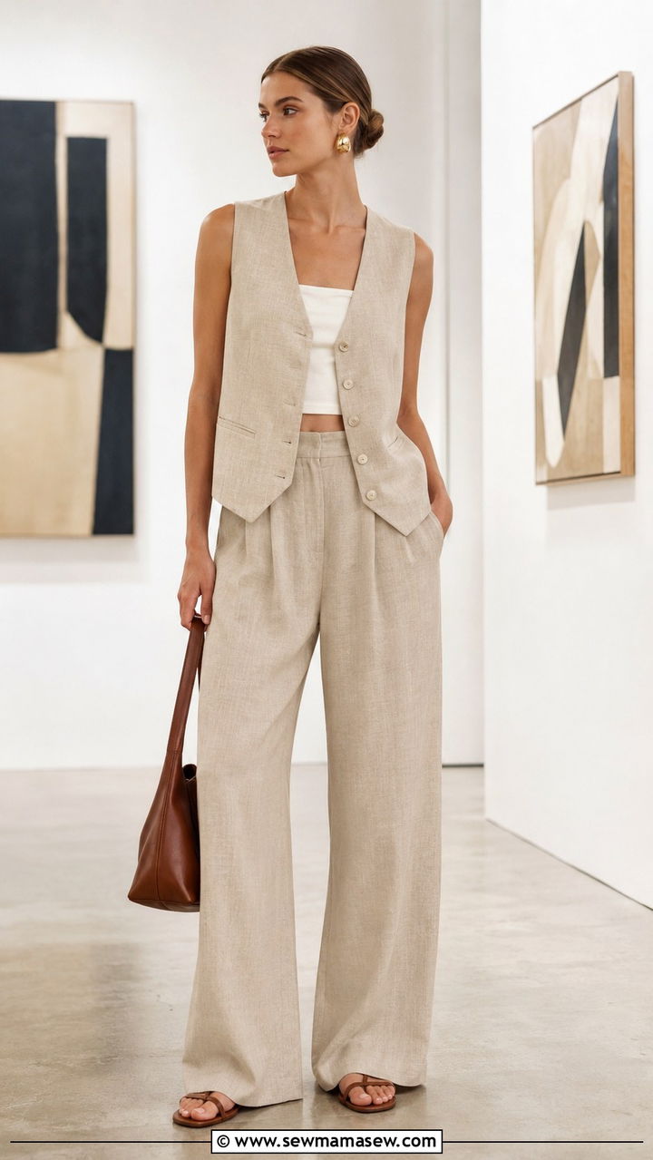 Linen Vest And Matching Wide Leg Pants Set - 30 spring linen pants outfit ideas