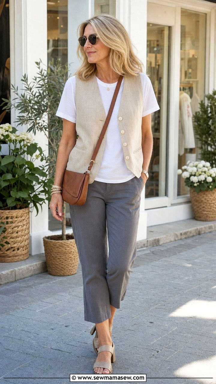 Linen Vest and Cropped Gray Pants - 25 Coastal grandmother outfits 2026