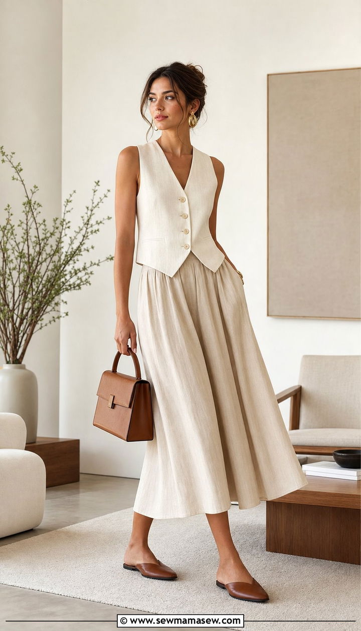 Linen Vest and Midi Skirt Outfit - 25 spring warm weather outfit ideas