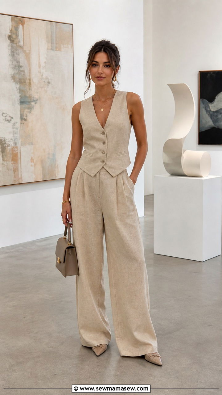 Linen Waistcoat and Wide Leg Trousers Outfit - 40 Summer outfits for women