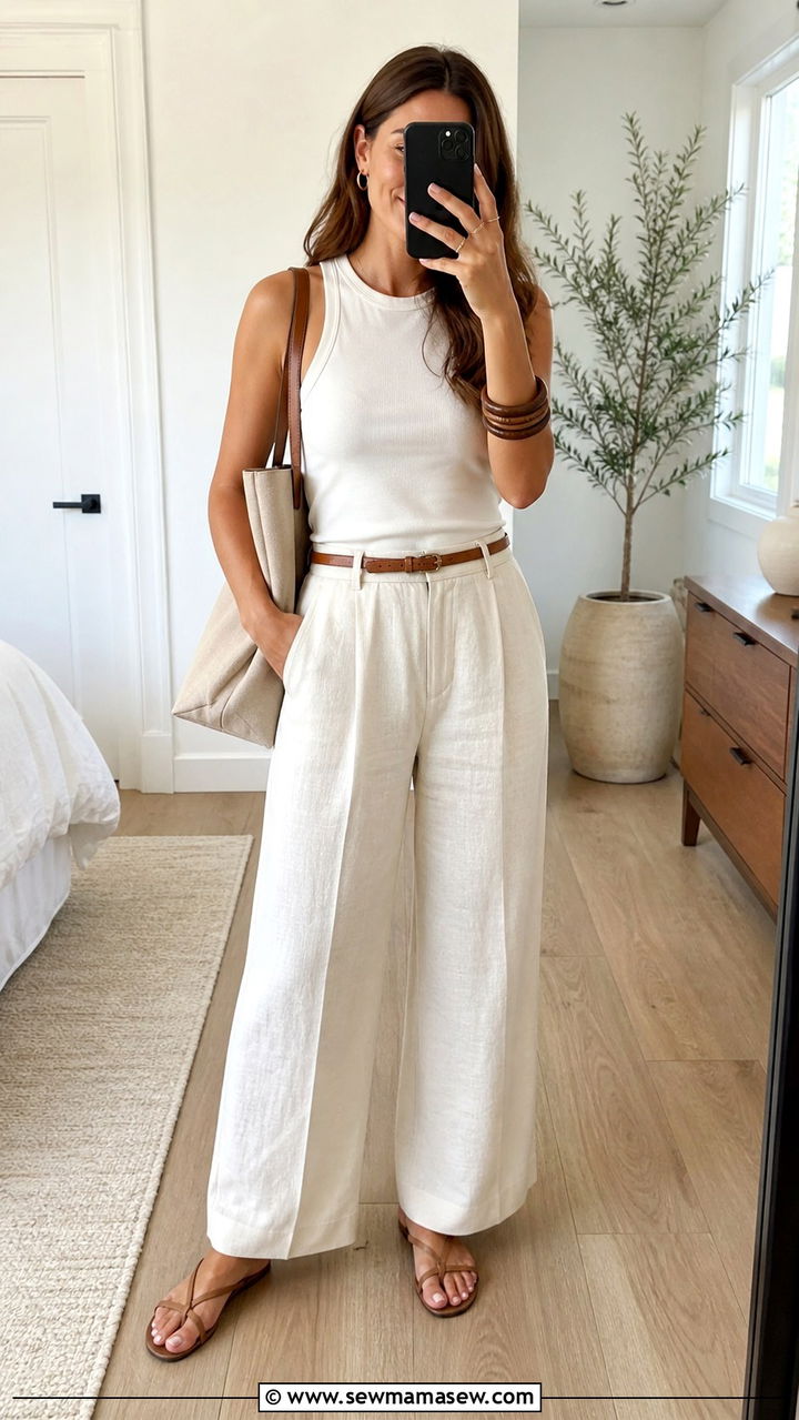 Linen Wide Leg Pants And Tank Top Summer Look - 40 Summer capsule wardrobe