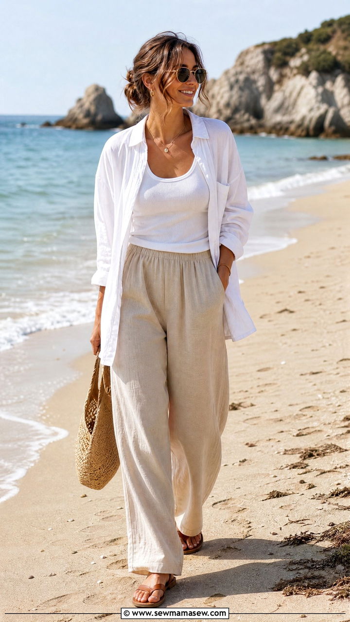 Linen Wide Leg Pants Beach Outfit - 40 Spring beach outfits