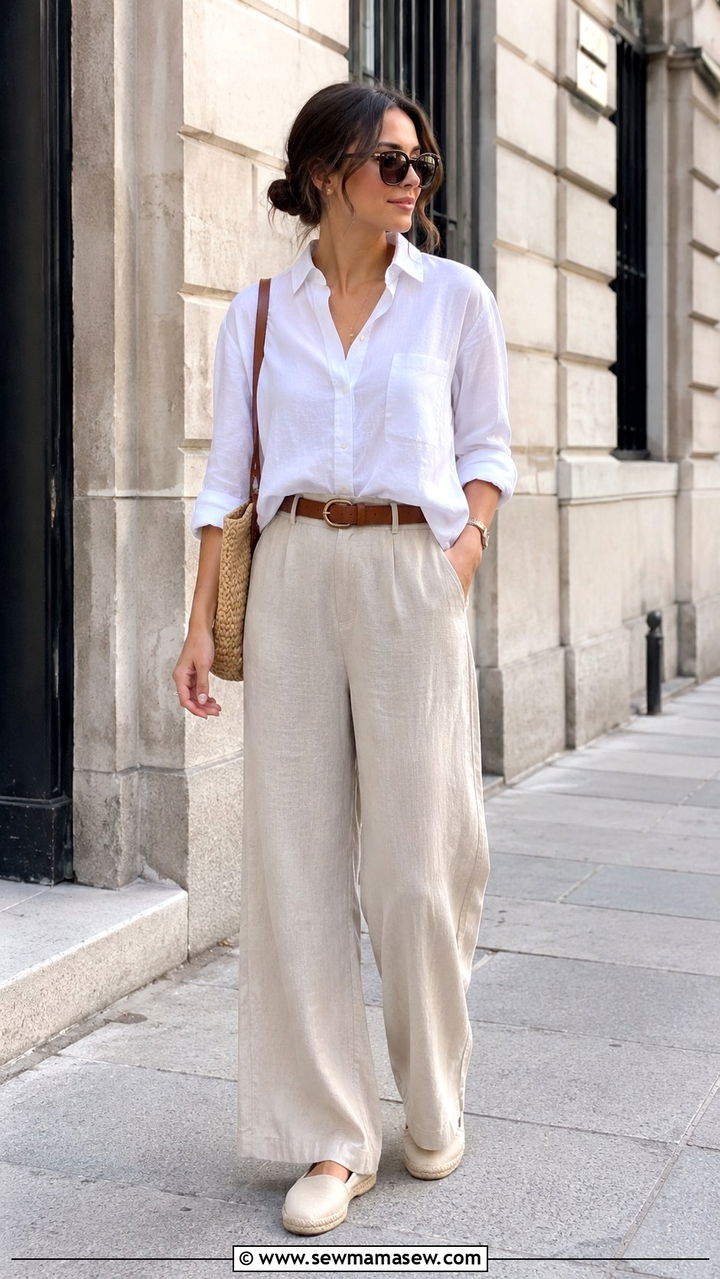 Linen Wide Leg Pants With A Button Down Shirt - 30 Modest summer outfit ideas