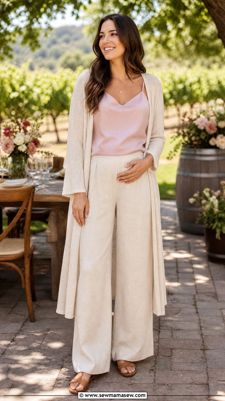 Linen Wide Leg Pants With A Silk Camisole - 25 Casual baby shower outfits